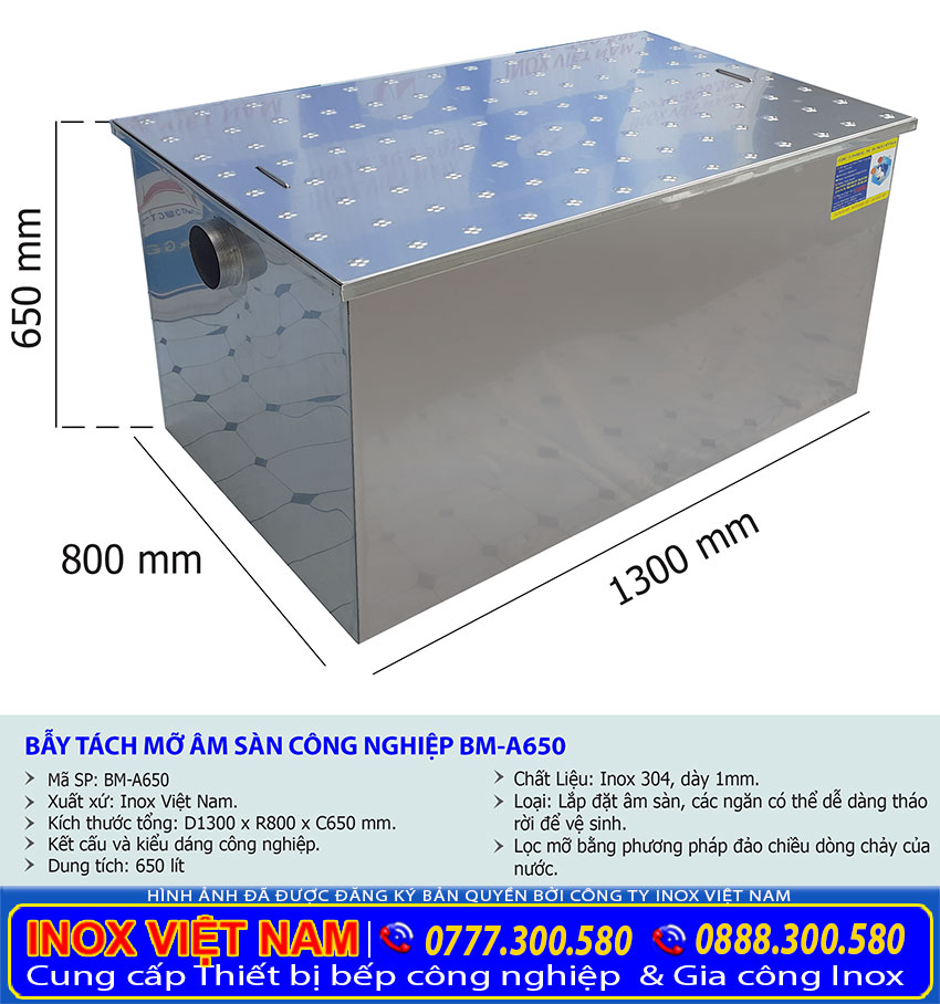 Kích thước bẫy mỡ âm sàn, bể tách mỡ công nghiệp 650 lít BM-A650.