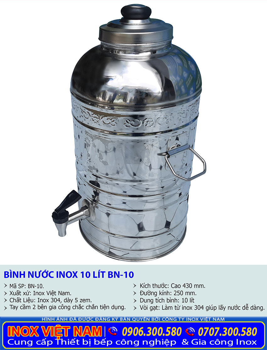 Kích thước bình đựng nước inox có vòi gạt, bình trà đá inox 10 lít.
