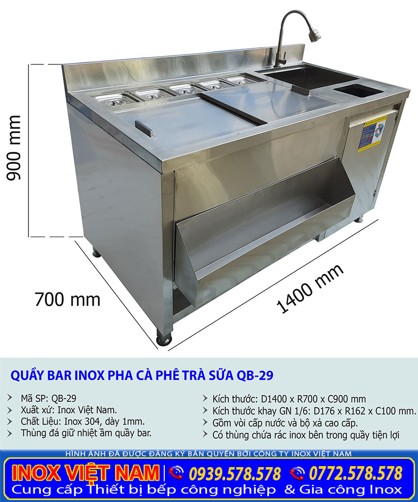Kích thước quầy pha chế inox, quầy bar đẹp quán cafe kèm khay topping QB-29.