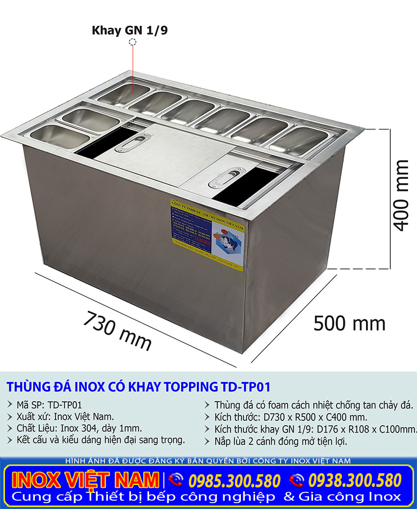 Kích thước thùng đá inox có khay topping, thùng đựng đá inox TD-TP01.