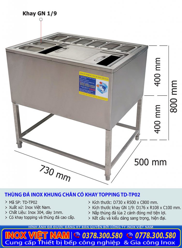Kích thước thùng đá inox quầy bar, thùng đá inox có khay topping TD-TP02.