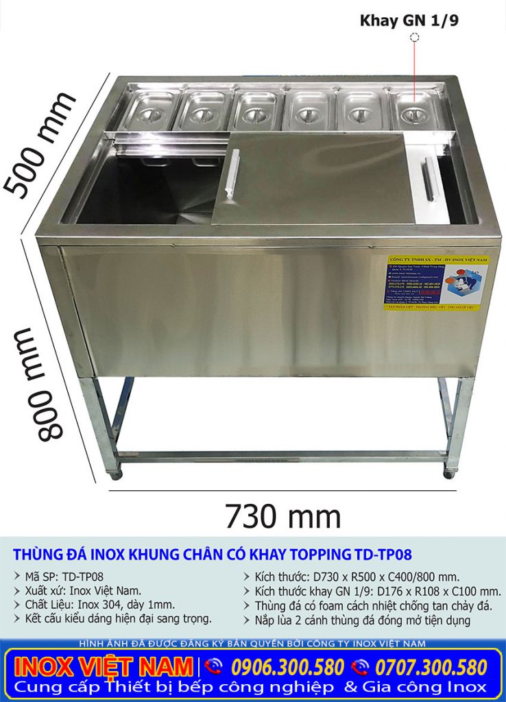 Kích thước thùng đá inox có chân đứng kèm khay topping, thùng đựng đá inox TD-TP08.