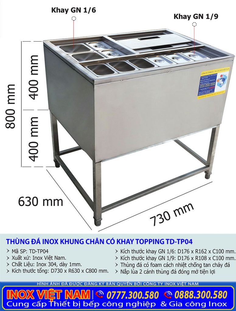 Kích thước thùng đá inox có chân kèm khay topping TD-TP04.