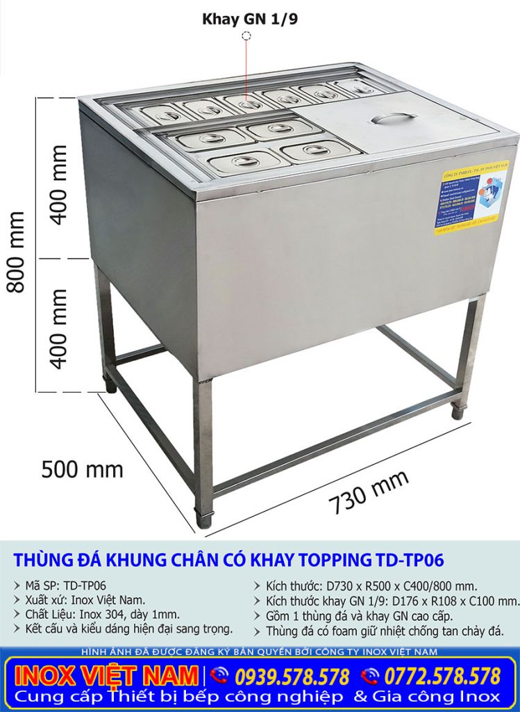 Kích thước thùng chứa đá inox có chân kèm khay topping TD-TP06.