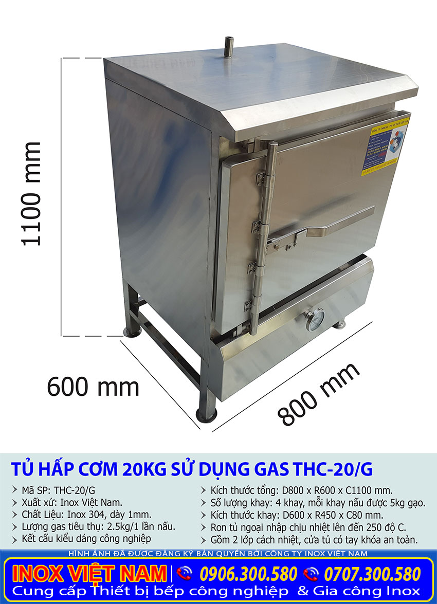 Kích thước của tủ hấp cơm, tủ nấu cơm công nghiệp 20 kg bằng gas.
