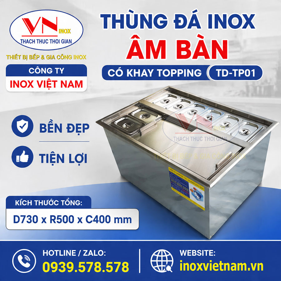 Thùng đá inox âm bàn TD-TP01 giữ nhiệt hiệu quả, giúp bảo quản đá và topping luôn tươi mát.