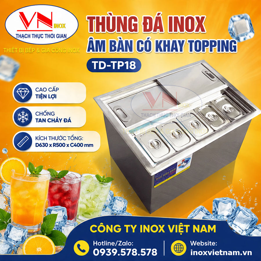 Thùng đá inox âm bàn TD-TP18 thiết kế tiện dụng, giữ lạnh lâu, hỗ trợ pha chế nhanh và chính xác.