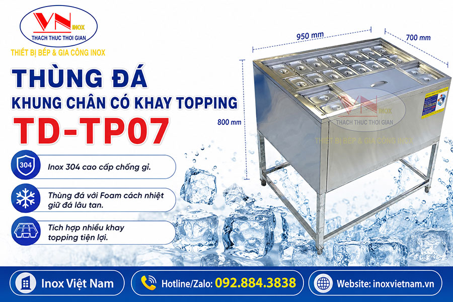 Thùng đá inox có khay topping chuyên dụng cho quầy bar, nhà hàng và quán cà phê hiện đại.