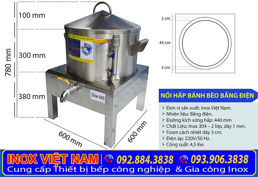 Kích thước xửng hấp bánh bèo inox, nồi hấp bánh bèo bằng điện