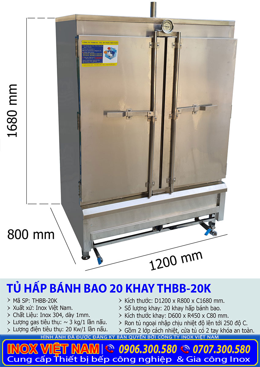 Kích thước thông số kỹ thuật tủ hấp bán bao công nghiệp, tủ hấp bánh bao 220 khay bằng điện và gas THBB-20K.
