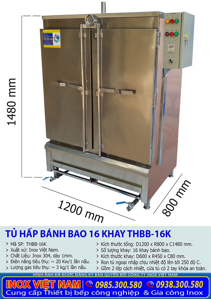 Kích thước tủ hấp bánh bao công nghiệp, tủ hấp bánh bao mini dùng điện & gas 16 khay THBB-16K.