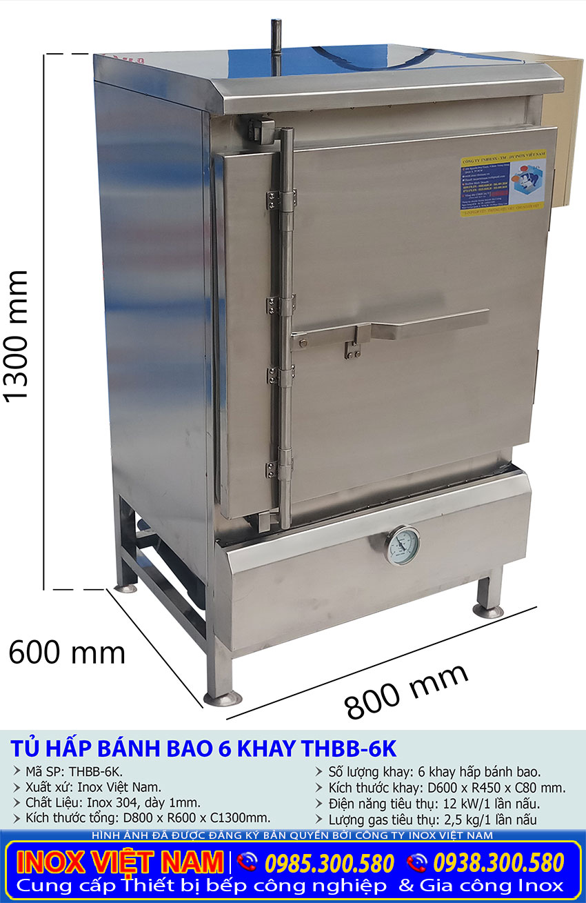 Thông số kỹ thuật kích thước tủ hấp bánh bao mini dùng điện & gas, tủ hấp công nghiệp 6 khay THBB-6K.