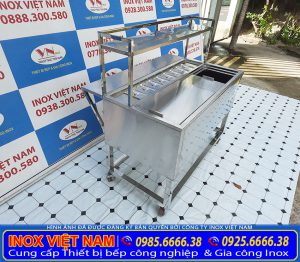Mẫu thùng đựng đá inox có chân kèm khay topping | thùng đá inox có chân kèm khay topping | tủ đá inox quầy bar có khay topping.