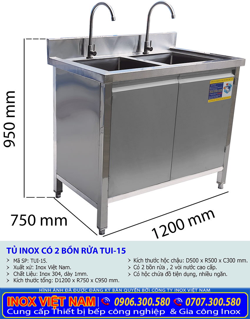 Kích thước tủ bồn rửa chén 2 ngăn TUI-15.