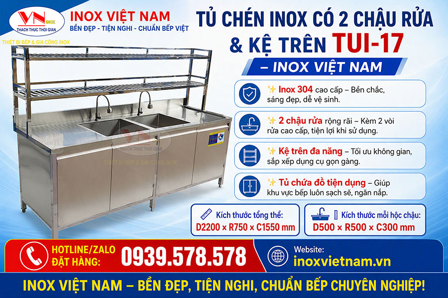 Tủ chén inox có 2 chậu rửa TUI-17 kiểu dáng hiện đại, bề mặt sáng đẹp, dễ vệ sinh, phù hợp lắp đặt tại khu bếp nhà hàng, khách sạn và quán ăn.