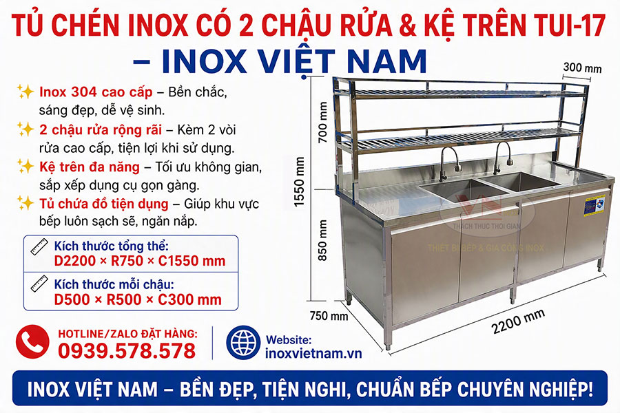 Tủ chén inox có kệ trên TUI-17 giúp sắp xếp chén đĩa ngăn nắp, tiết kiệm diện tích sử dụng.