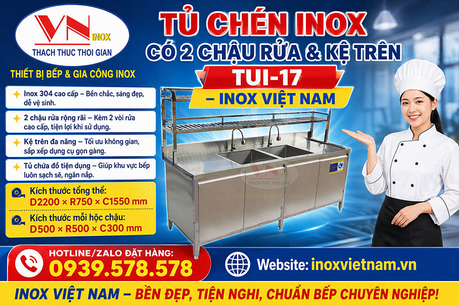 Tủ chén inox có 2 chậu rửa và kệ trên TUI-17 đẹp mắt, tối ưu không gian bếp.