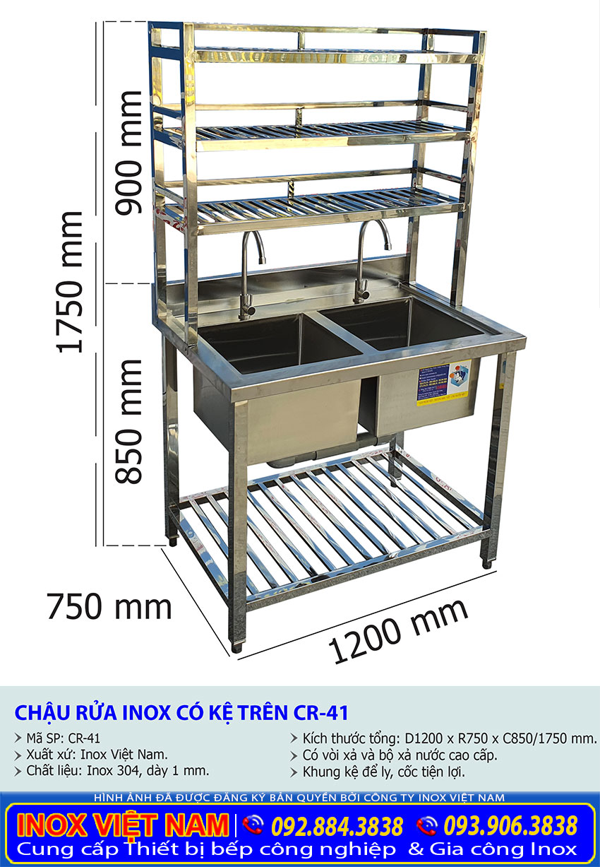 Kích thước chậu rửa đôi inox có kệ trên CR-41