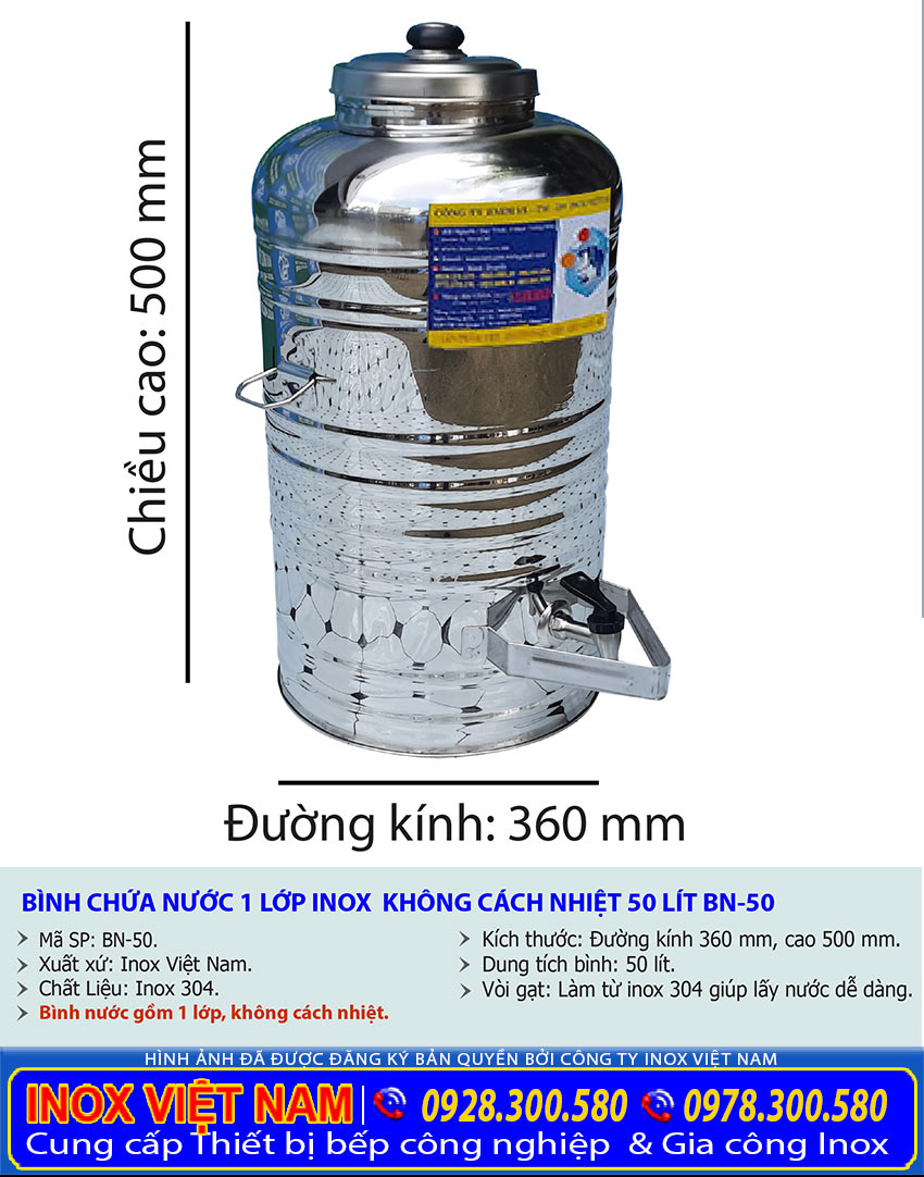 Kích thước bình đựng nước 1 lớp inox 304 không cách nhiệt có vòi gạt 50L.