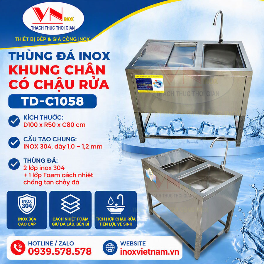 Thùng đá inox 304 có lớp foam cách nhiệt giúp bảo quản đá hiệu quả trong nhiều giờ