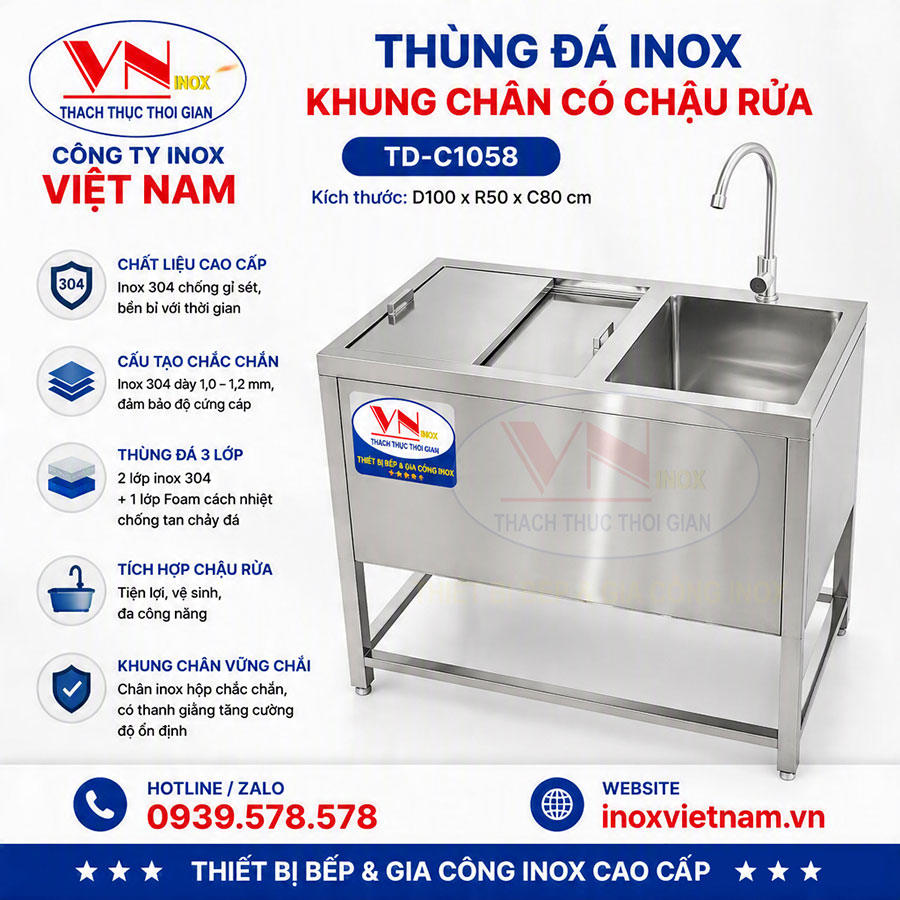 Thùng đá inox có chậu rửa và vòi nước thiết kế tiện nghi cho quầy bar, quán cafe