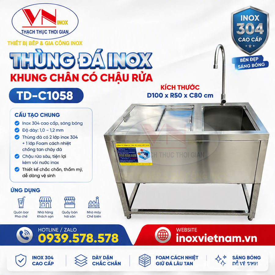 Thùng đá inox có chậu rửa kích thước D1000 x R500 x C800 mm gọn gàng, tiện dụng