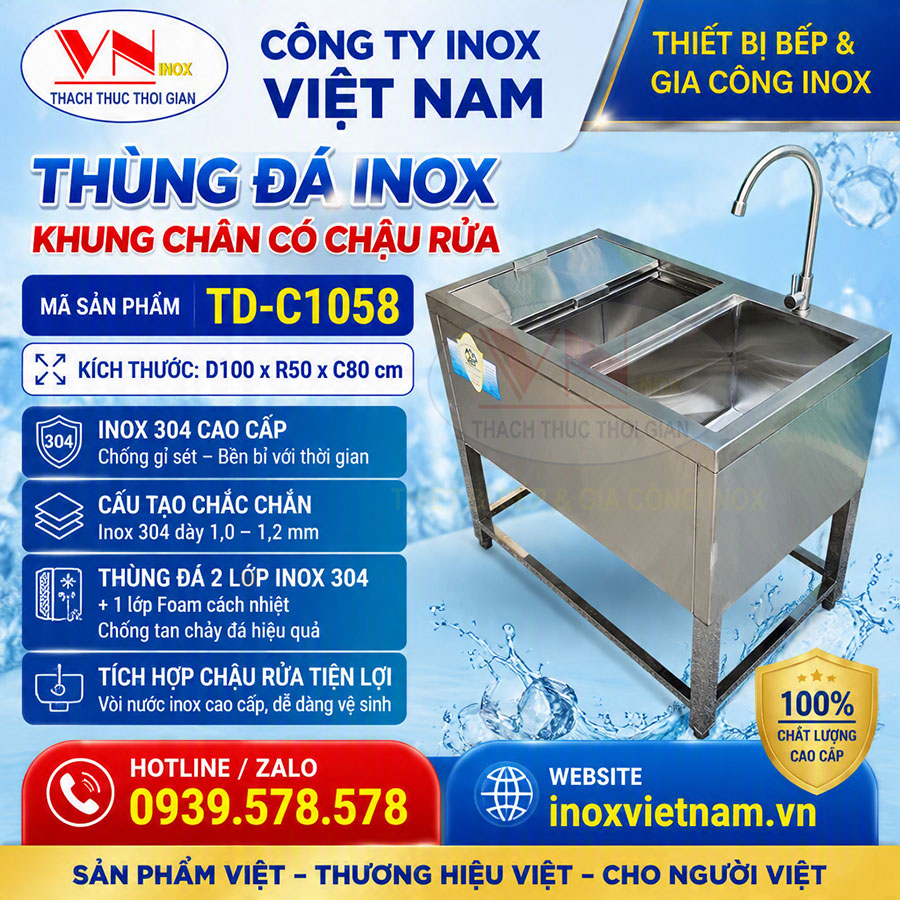 Thùng đá inox khung chân có chậu rửa TD-C1058 chắc chắn, tiện lợi cho quầy pha chế