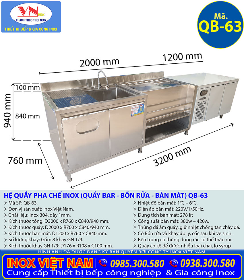 Thông số kỹ thuật hệ quầy pha chế inox 304 có quầy bar bồn rửa bàn mát qb-63