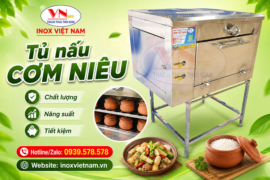 Tủ nấu cơm niêu inox 304 công nghiệp nhiều tầng giúp nấu cơm chín đều, giữ nhiệt tốt cho nhà hàng.