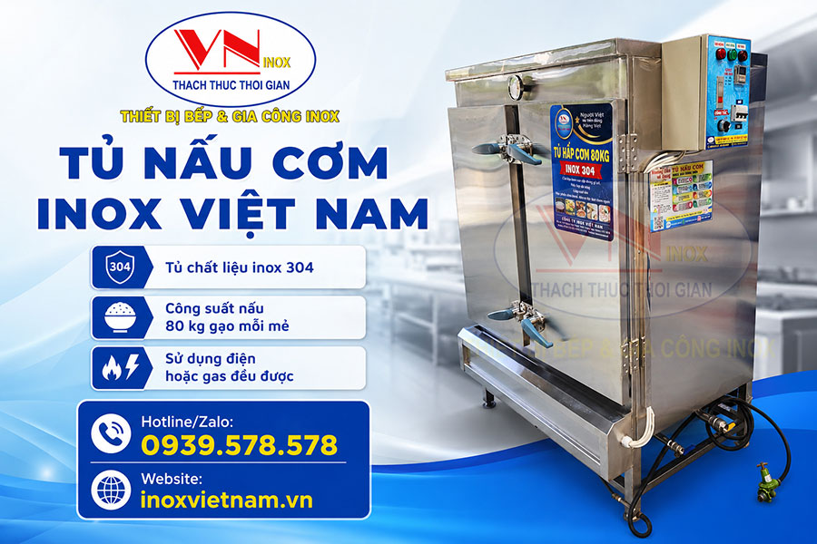 Mẫu tủ hấp cơm inox công nghiệp sử dụng điện hoặc gas giúp tiết kiệm chi phí và tăng tính linh hoạt.