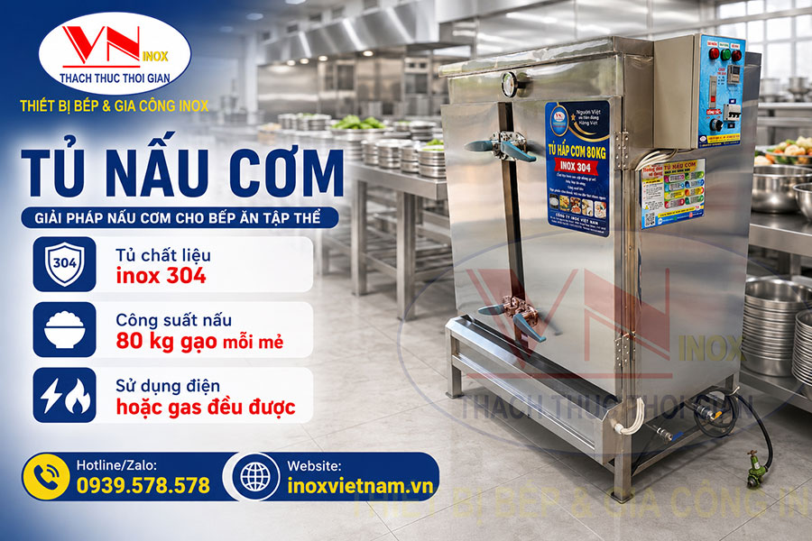 Tủ nấu cơm công nghiệp dùng điện hoặc gas linh hoạt đáp ứng nhiều nhu cầu chế biến thực phẩm khác nhau.