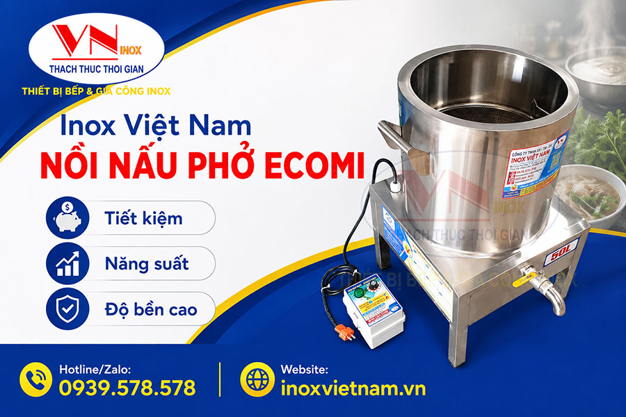 Nồi điện nấu nước lèo ECOMI phù hợp cho quán phở, bún bò, hủ tiếu và các món nước.