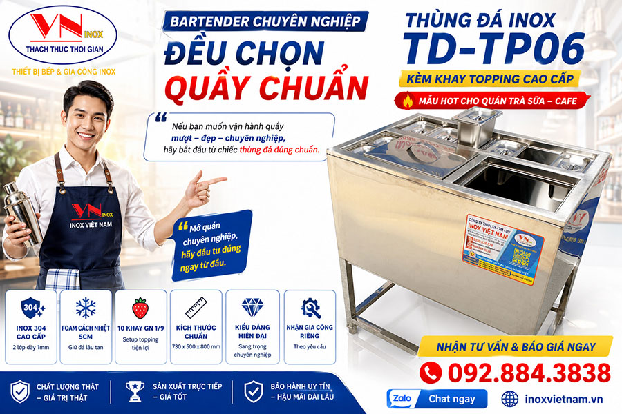 Top 10 mẫu thùng đá inox 304 đáng đầu tư cho quán trà sữa, cà phê và quầy bar năm 2026