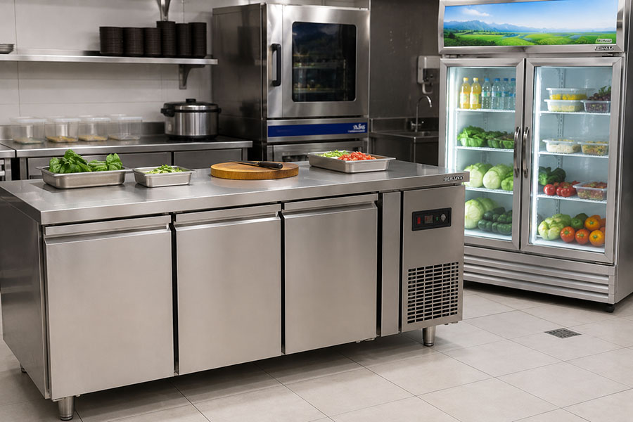 Bàn mát inox công nghiệp hoạt động bền bỉ trong môi trường bếp chuyên nghiệp cường độ cao.