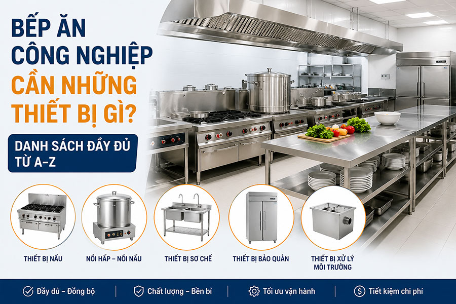 Bếp ăn công nghiệp cần những thiết bị gì? Danh sách đầy đủ từ A–Z