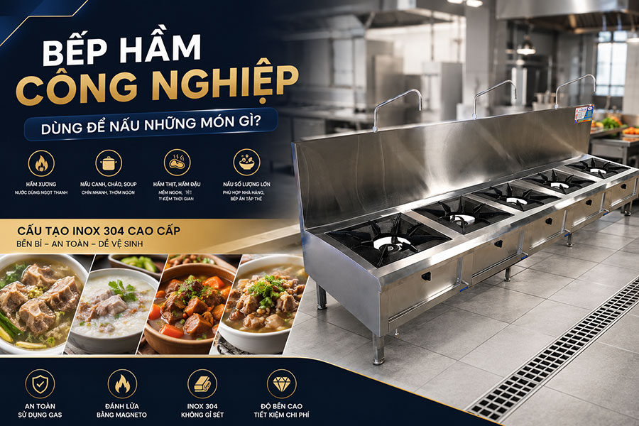 Bếp hầm công nghiệp inox 304 chuyên dụng cho nhà hàng và bếp ăn công nghiệp.