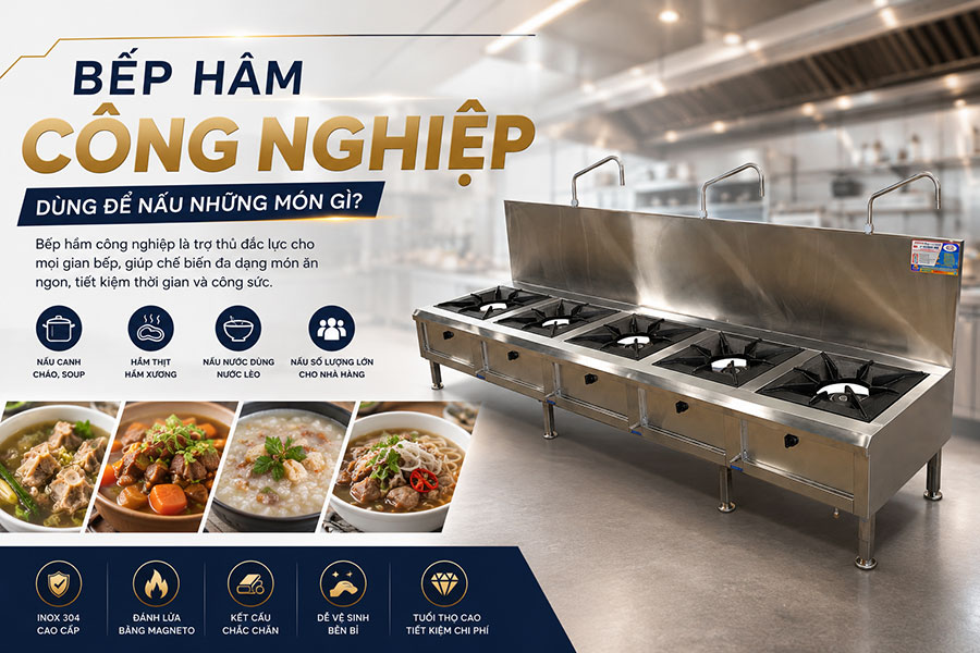 Bếp hầm công nghiệp dùng để nấu cháo, súp và các món ăn cần thời gian chế biến lâu.