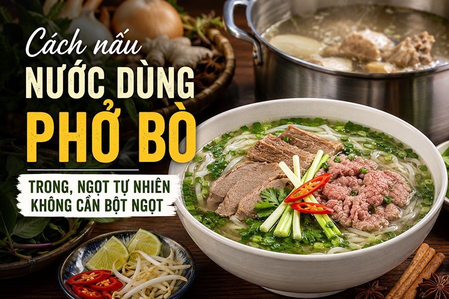Bí quyết hầm xương bò 6–8 giờ để nước dùng phở trong, ngọt thanh mà không cần bột ngọt.