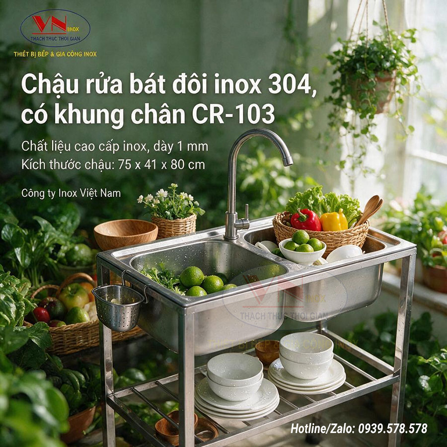 Chậu rửa bát đôi inox 304 CR-103 cao cấp, thiết kế hiện đại, bền đẹp cho bếp gia đình và bếp công nghiệp.