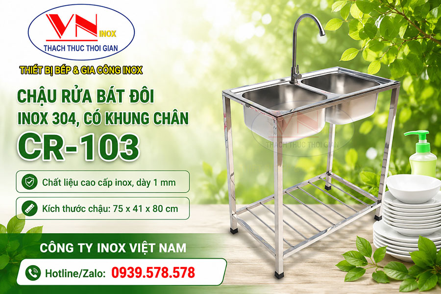 Chậu rửa bát inox 304 CR-103 thiết kế hai ngăn rộng rãi, tối ưu quy trình sơ chế và vệ sinh.
