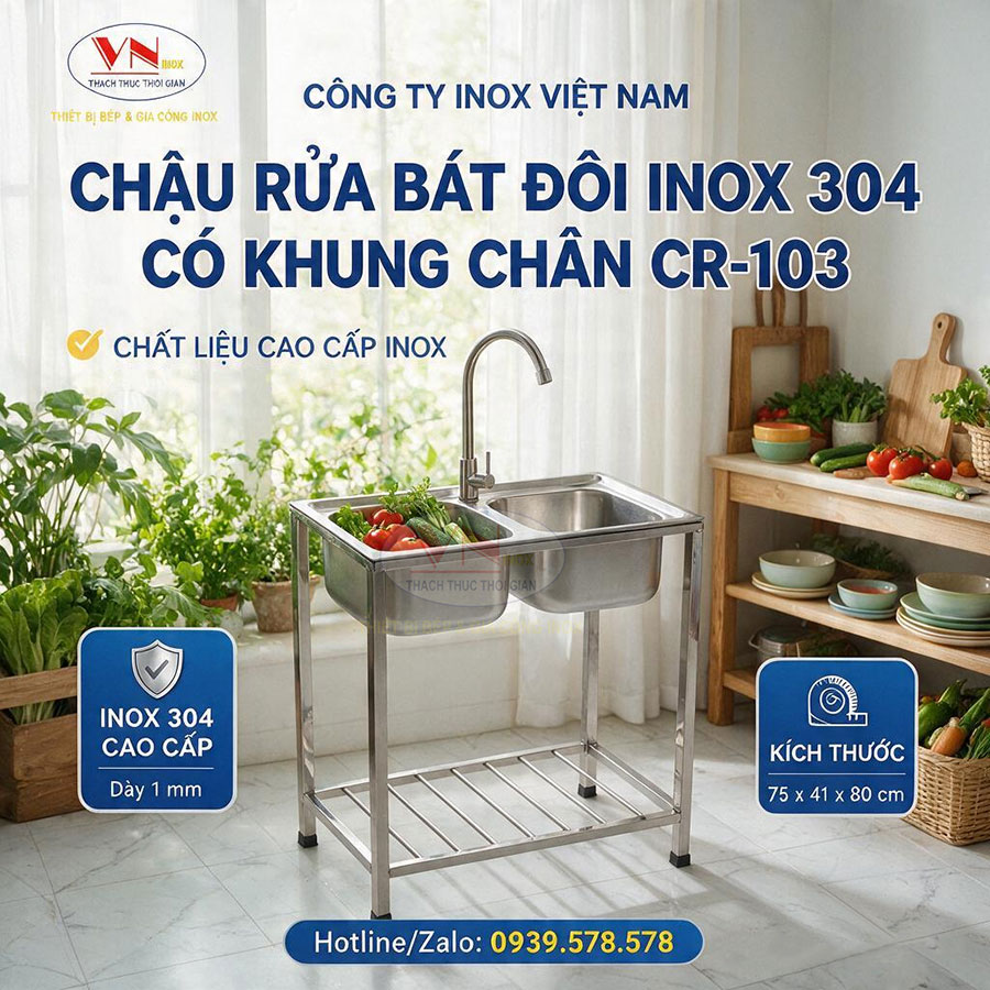 Mẫu chậu rửa bát đôi inox 304 CR-103 phù hợp nhà hàng, quán ăn, bếp ăn công nghiệp và gia đình.