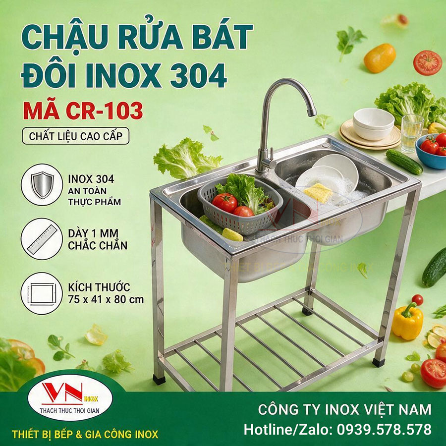 Chậu rửa bát đôi inox 304 CR-103 chính hãng, bền đẹp, đáp ứng nhu cầu sử dụng liên tục trong bếp công nghiệp.