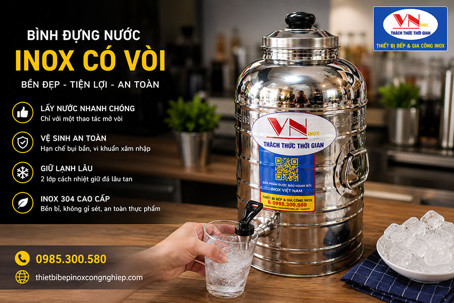 Bình đựng nước inox giữ lạnh lâu với thiết kế vòi xả chắc chắn