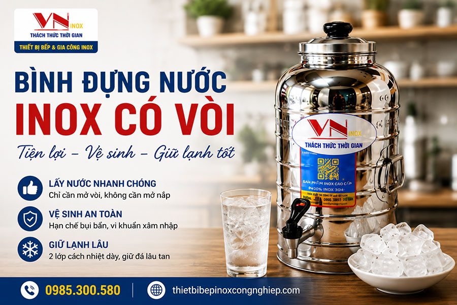 Bình đựng nước đá inox có vòi chất lượng cao dành cho bếp công nghiệp.