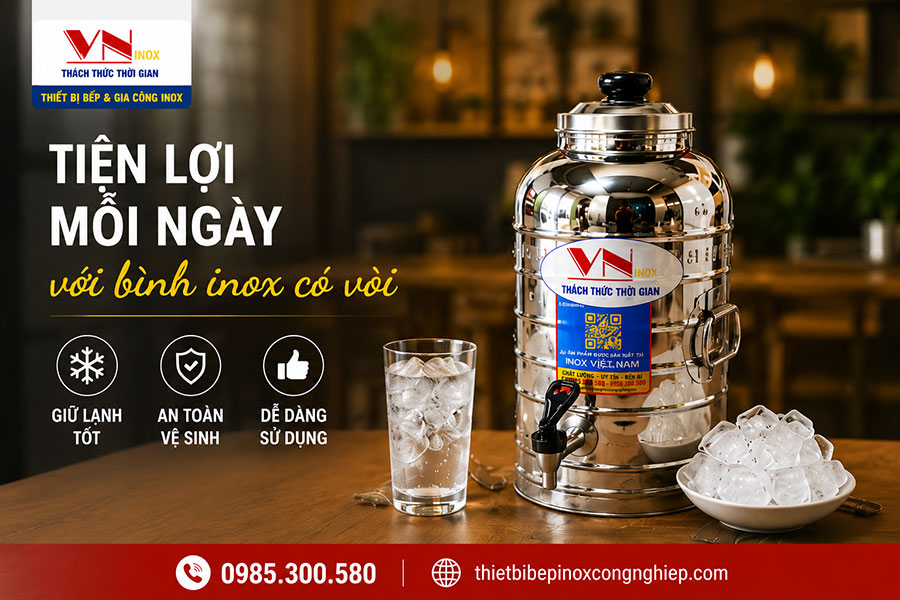 Bình đựng nước inox có vòi giúp lấy nước nhanh chóng và tiện lợi mỗi ngày.