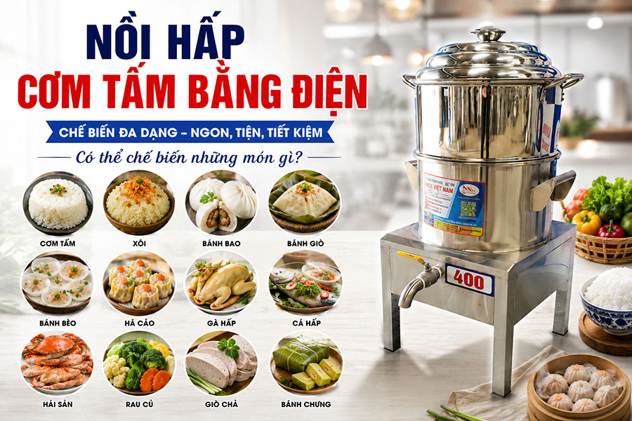 Nồi hấp cơm tấm bằng điện chế biến nhiều món ăn thơm ngon cho quán ăn và bếp công nghiệp.