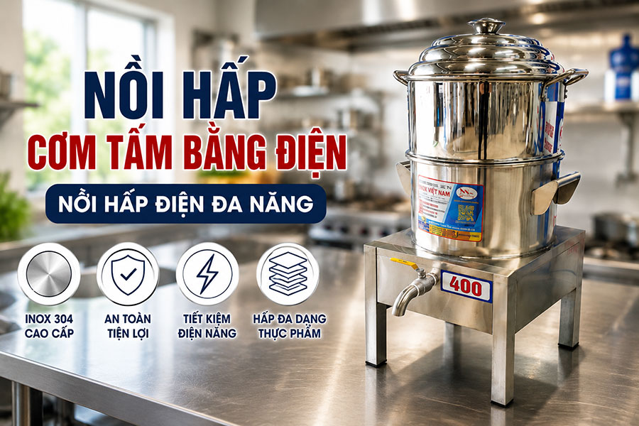 Nồi hấp cơm tấm bằng điện công suất lớn với thực phẩm hấp chín đều, đẹp mắt.