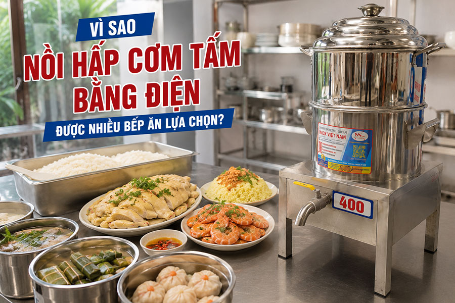 Nồi hấp cơm tấm bằng điện inox 304 với các món hấp thực tế như cơm tấm, xôi và bánh bao.