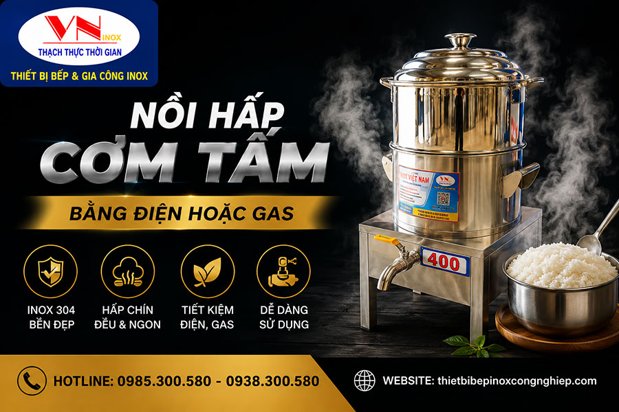 Nồi hấp cơm tấm công nghiệp là giải pháp hiện đại giúp tối ưu quy trình chế biến và phục vụ khách hàng nhanh chóng.
