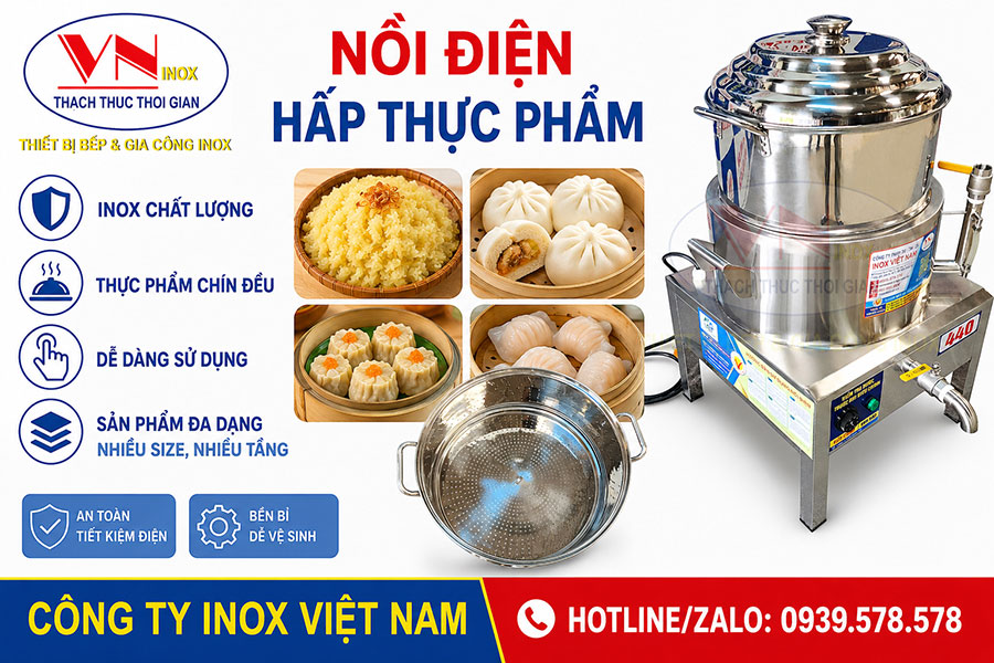 Hình ảnh nồi hấp cơm tấm bằng điện kết hợp thực phẩm hấp tươi ngon trong bếp chuyên nghiệp.